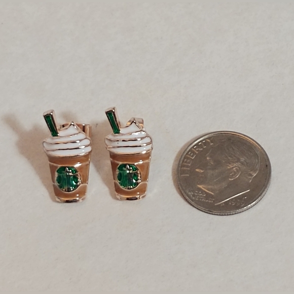 "Starbucks" look iced coffee cream foam enamel gold stud earrings brown/white - Picture 4 of 4